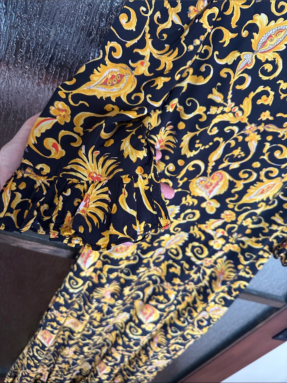 RHODE Felix Dress Black & Gold Floral Midi Dress with Ruffle Hem Sz 10 - Picture 13 of 17